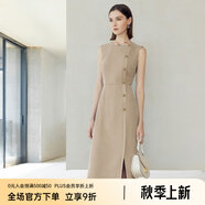 顏域2024新款氣質(zhì)職業(yè)單排扣正裝連衣裙女春款無袖修身時(shí)尚一步裙 卡其 XXL/44
