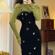 肖夫人復古法式黑色絲絨連衣裙女秋冬收腰包臀裙冬季內搭吊帶裙 套裝 L  110-120斤