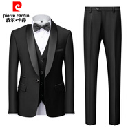 皮爾卡丹（pierre cardin）西服男套裝修身休閑英倫職業(yè)裝小西裝純色外套新郎結婚禮服六件套 上衣+馬甲+褲子 黑領(lǐng)結黑色 襯衫偏小默認大一碼