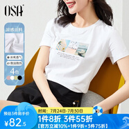 歐莎（OSA）白色短款T恤女士夏季新款衣服短袖印花顯瘦正肩上衣體恤修身 白色 S