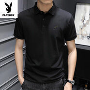 花花公子（PLAYBOY）男士翻領(lǐng)短袖T恤2025夏季有領(lǐng)POLO衫青年帶領(lǐng)休閑韓版半袖體T恤潮 1221黑色 M 適合90-105斤