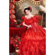 康美詩晚禮服寫真訂婚攝影晚裝婚紗照主題情侶紅色禮服影樓禮服結(jié)婚拍照 紅色 L