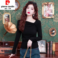 皮爾卡丹（pierre cardin）安哥拉紅露肩長(cháng)t袖恤女秋季修身顯瘦內搭打底衫體恤短款褶皺上衣 黑色 XL 建議110-120斤
