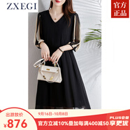 ZXEGI黑色拼接真絲裙子夏季新款時(shí)尚V領(lǐng)顯瘦重磅100%桑蠶絲連衣裙氣質(zhì) 黑花 XL