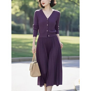 葉紫楓（YEZIFENG）休閑套裝女連衣裙秋冬新款V領(lǐng)毛衣針織衫+半身裙兩件套時(shí)尚套裝裙 紫色針織衫 S