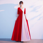 漢虞葵大合唱團演出服女成人新款主持人禮服長(cháng)裙學(xué)生紅歌朗誦比賽表演服 A6-紅白拼接色 S