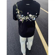 安初夏歐美刺繡短袖男青少年夏季美式純棉重工情侶花體連肩花卉t恤上衣 黑色高端面料 XL 【刺繡】高質(zhì)量