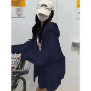 紫昕月美式復古藏藍色連帽衛衣外穿女寬松顯瘦慵懶風(fēng)中長(cháng)款外套開(kāi)衫 藏藍色-高質(zhì)量 加絨 XL 120-135斤[正版品質(zhì)]