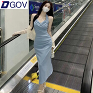 DGOV純欲風(fēng)掛脖吊帶連衣裙女2025夏季氣質(zhì)性感收腰顯瘦包臀開叉中長裙 藍(lán)色連衣裙 長款 L 建議108-120斤