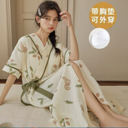 PURCOTTON全棉時(shí)代自帶胸墊一體睡裙女夏季日式薄款紗布和服浴袍夏天短袖睡 云朵棉睡裙【帶胸的】茵381 M 女 建議80-100斤