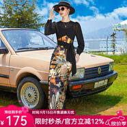 帝弗·潤馳超長(cháng)款到腳踝連衣裙夏裝新款復古印花假兩件大牌奢華過(guò)膝長(cháng)裙氣質(zhì) 黑色 S