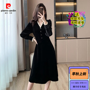 皮爾卡丹（pierre cardin）2025秋冬韓版名媛氣質(zhì)絲絨V領(lǐng)長袖連衣裙黑色小禮服女打底裙長裙 黑色面料 S