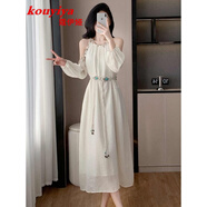蔻伊婭（Kouyiya）品牌女裝新品露肩長(cháng)袖連衣裙女2025夏季新款氣質(zhì)收腰顯瘦復古裙子 杏色 S