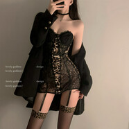 性感睡衣新款純欲蕾絲拼接豹紋抹胸連衣裙低胸火辣包臀睡裙女 豹紋色魚(yú)骨裙+絲襪+手套 均碼建議80-120斤