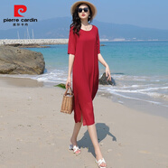 皮爾卡丹（pierre cardin）裙子女2025新款夏天藍色雪紡連衣裙薄款高腰包臀氣質(zhì)沙灘長(cháng)裙超仙 酒紅 4XL