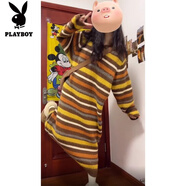 花花公子（PLAYBOY）新品撞色條紋衛(wèi)衣連帽連衣裙女秋冬韓系直筒寬松長款毛衣裙針織衫 黃色-旗艦款 S _建議80-95斤