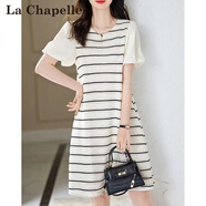 拉夏貝爾（La Chapelle）氛圍感氣質(zhì)連衣裙2025夏季新款泡泡袖一?？踑字裙條紋拼接連衣裙 米白 S  建議100斤以下