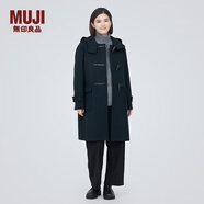 無印良品（MUJI）女式羊毛混牛角扣大衣長款連帽毛呢呢子外套秋冬季外衣女裝 深藏青色3A M (160/84A)