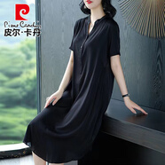 皮爾卡丹（pierre cardin）2025新款夏季高端重磅真絲連衣裙女純色V領(lǐng)中老年媽媽氣質(zhì)長(cháng)裙 黑色 9150 4XL 145-155斤