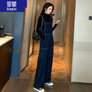羅蒙（ROMON）  藍色高腰牛仔背帶褲女春秋寬松大i碼直筒闊腿褲減齡吊帶連體長(cháng) 深藍色 M 95-105斤