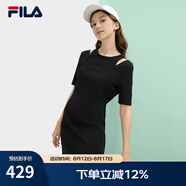 FILA 斐樂官方女子針織連衣裙2025夏新款時尚簡約休閑修身連身裙 正黑色-BK XS