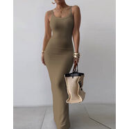 Women Striped UNeck Maxi Skims Dress歐美水波紋理緊身長裙女 棕色2 S