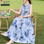 啄木鳥復(fù)古油畫風(fēng)印花棉綢連衣裙女2025夏感寬松顯瘦飄逸無袖背心裙 1# 2XL 建議110-125斤