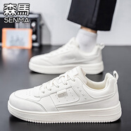 森馬男鞋冬季百搭休閑黑白熊貓輕奢板鞋真皮運動(dòng)防滑防水厚底增高潮鞋 白色 （基礎款） 37 （女碼）