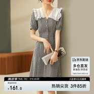 尚都比拉設(shè)計(jì)感娃娃領(lǐng)連衣裙女春秋氣質(zhì)泡泡袖格紋收腰裙子 黑白格 S 