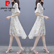 皮爾卡丹（pierre cardin）2025年碎花雪紡連衣裙女夏新款流行氣質(zhì)不規(guī)則裙子超仙森系印花裙 米白色 6008 M