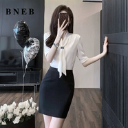 BNEB時(shí)尚職業(yè)套裝女正裝不透夏季2025新款設(shè)計(jì)感短袖襯衫半身裙兩件套 白色中袖襯衣+黑裙 【套裝】 3XL (建議131-140斤)