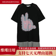 幻走2025夏季新款.FUN系列圓領炸毛兔印花拼接針織連衣裙 黑色 S 均碼