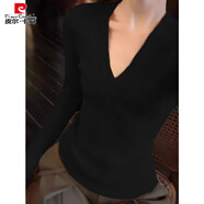 皮爾卡丹（pierre cardin）大碼色V領針織長袖打底衫女秋冬季胖mm2-300斤修身顯瘦內(nèi)搭毛衣 黑色 S 【70-90斤】