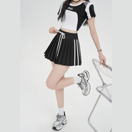 美式學(xué)院風(fēng)甜辣妹豎條紋半身裙女春夏高腰防走光字運(yùn)動百褶短裙 黑色白邊 S