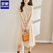 羅蒙（ROMON）高檔女裝氣質(zhì)針織套裙中長(cháng)款網(wǎng)紗拼接毛衣裙馬甲兩件套秋冬新款潮 米色 L