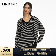 金羽杰薄透寬松長袖針織衫女中長款春夏季連帽條紋小罩衫上衣S242SW448Y