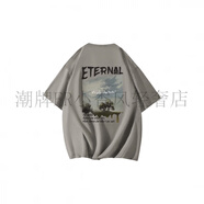 EAKC 簡約Logo手繪字母風(fēng)景油畫印花短袖T恤 男女同款 大地灰 M