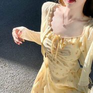 微光里 溫柔減齡碎花吊帶連衣裙女夏季慵懶度假風長裙2025新款夏微胖mm 【黃色度假風長裙】L無開衫