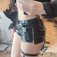 裳廂記主播跳舞辣妹pu皮鉚釘雙腰帶朋克緊身熱褲露臍低腰黑色皮短褲百搭 S