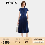 PORTS寶姿女裝春夏新款通勤襯衫領(lǐng)拼接百褶收腰短袖中長(zhǎng)連衣裙 丈青 M (6)