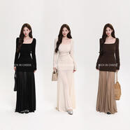 RICH IN CHEESE舒胡蕾 富家貴女 方領(lǐng)針織半透明拼接魚(yú)尾網(wǎng)紗彈力針織連衣裙 黑色 L （110-120斤）