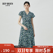 深呼吸DEEP BREATH女裝氣質(zhì)V領(lǐng)抽繩收腰荷葉袖碎花連衣裙A500242 藍(lán)花 S (2碼)