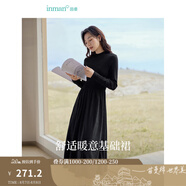 茵曼（INMAN）燈芯絨連衣裙春秋女裝新品長(zhǎng)袖休閑針織禮服中長(zhǎng)裙子 午夜黑-18348727 S