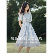 茵曼（INMAN）夏季法式收腰提花肌理女裝方領連衣裙文藝風泡泡袖裙子 淺藍色 S