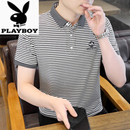 花花公子（PLAYBOY）條紋翻領(lǐng)短袖t恤男士夏季2025新款冰絲棉t休閑polo衫上衣T恤男裝 1025灰色 M 80-斤