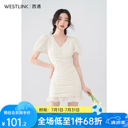 西遇V領(lǐng)泡泡袖連衣裙女2024年早夏新款法式褶皺收腰修身包臀裙子 黃色 XL