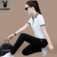 花花公子（PLAYBOY）時(shí)尚女裝短袖T恤長(cháng)褲運動(dòng)套裝女士夏天新款大碼洋氣polo衫休閑裝 白色 XL【建議110-120斤】