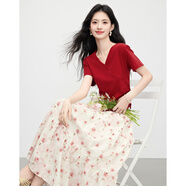 熙世界（sllsky）夏日出游穿搭套裝2025新款女短袖V領(lǐng)T恤碎花半身裙兩件套 玫瑰紅 M