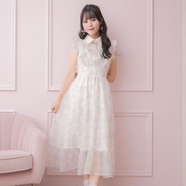 ROJITA雙層荷葉邊無(wú)袖印花長(cháng)款連衣裙(1523273現貨) 白色