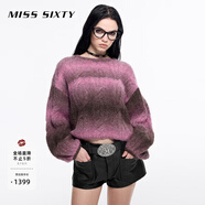 MISS SIXTY羊駝毛針織衫短款上衣女復(fù)古絞花段染紗漸變色毛衣 紅啡 M